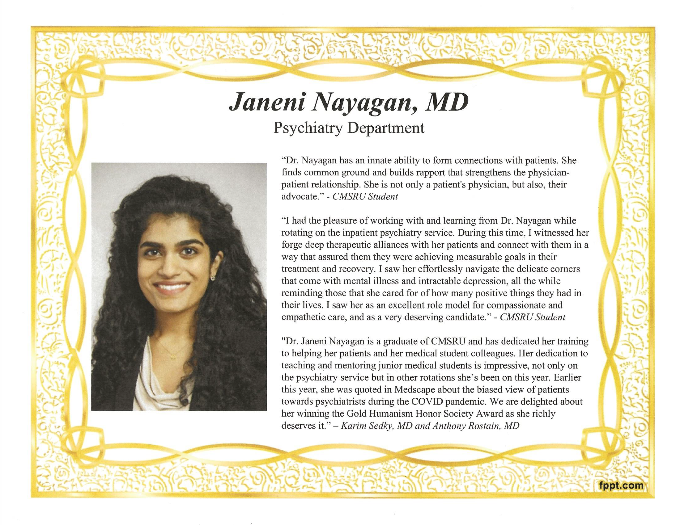 Gold Humanism Award to Janeni Nayagan,MD 