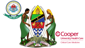 Logos of Muhimbili University of Health and Allied Sciences, the national emblem of Tanzania, and Cooper University Health Care Critical Care Medicine.