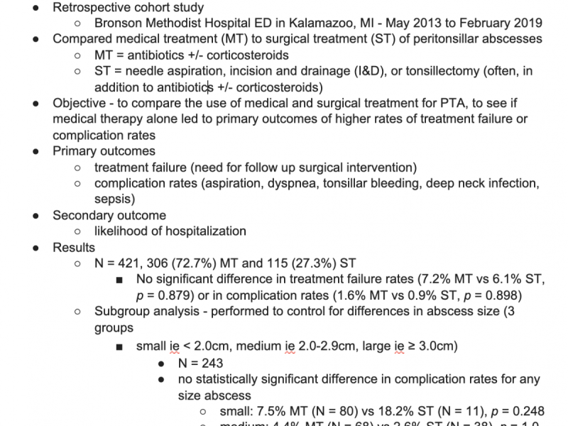 Critically Appraised Topic: Surgical vs Medical Management of Peritonsillar Abscess