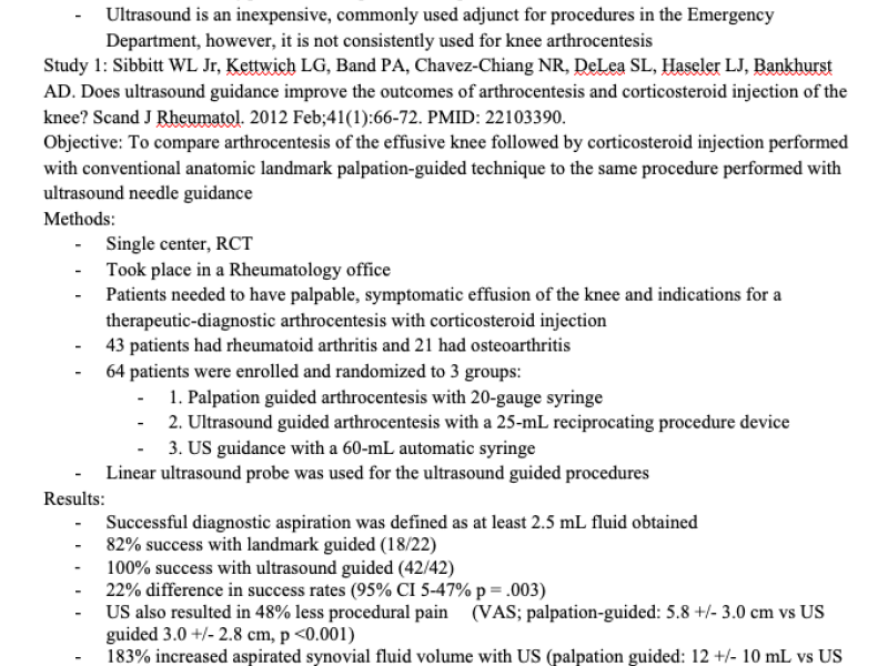 Critically appraised topic: Does ultrasound or landmark based knee arthrocentesis result in greater success in obtaining a diagnostic sample of fluid?  