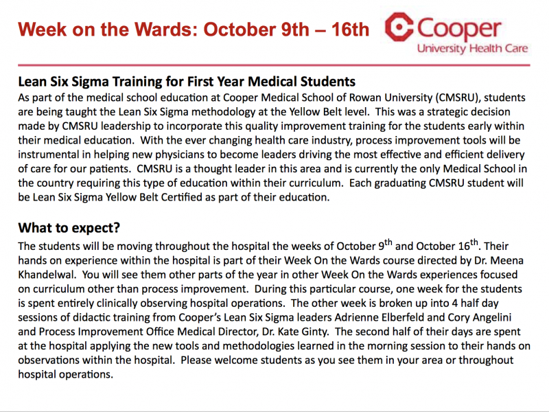 Week on the Wards: October 9th-16th Lean Six Sigma Training