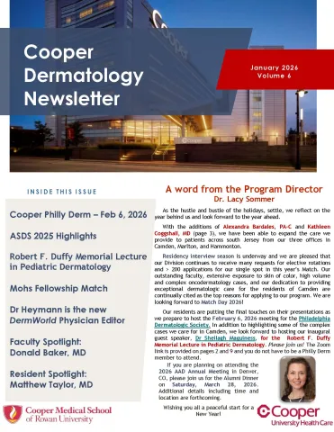 Cooper Dermatology Residency Newsletter cover graphic for January 2026